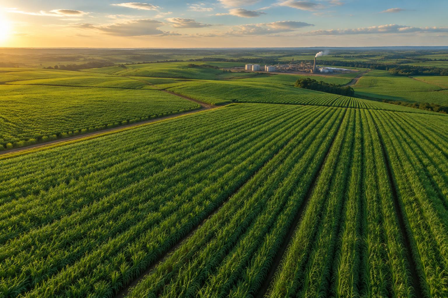 Imagem ilustrativa de campos agrícolas e infraestrutura do agronegócio brasileiro
